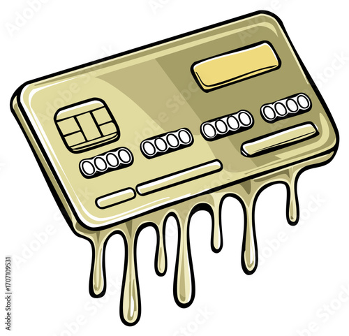 Melting credit card illustration, financial crisis, banking, digital payments, debt, cartoon style