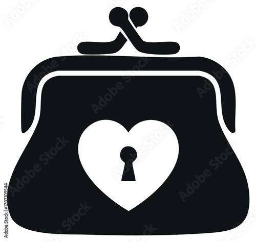 Classic black coin purse with a heart shaped lock and keyhole symbol on the front