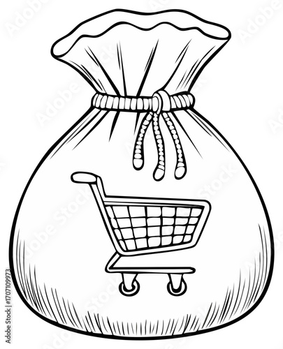 Bag Full of Shopping, Market Basket Cart Stored in Sack, Consumerism Concept