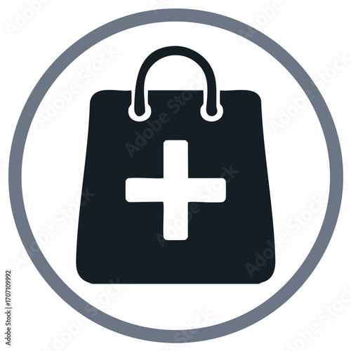 Medical Shopping Icon: Medicine Bag with Cross Symbol in a Circle