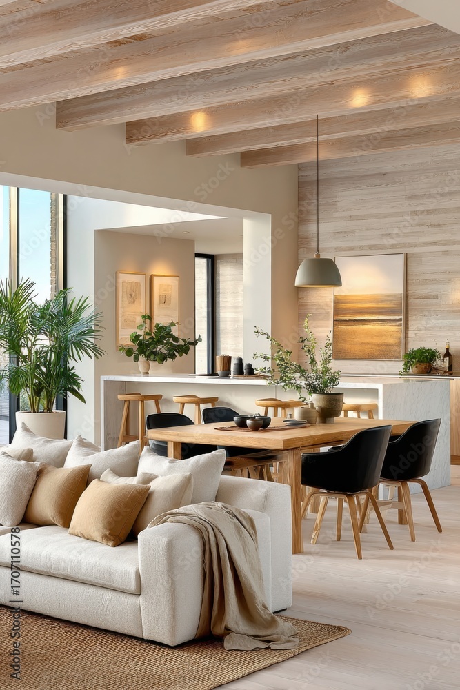 Fototapeta premium Cozy Scandinavian living room and kitchen with wooden accents and natural décor