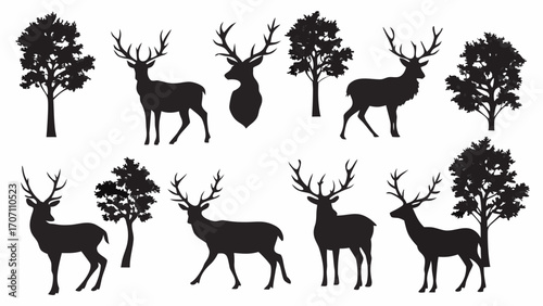 Majestic deer silhouettes and trees create elegant, natural designs for outdoor themes
