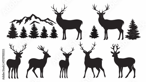 Majestic deer silhouettes in black, evoking nature's beauty for design and decor projects