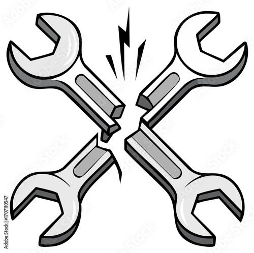 Broken Wrench Graphic Four Wrenches Cracking Metal Work Failure Cartoon Image