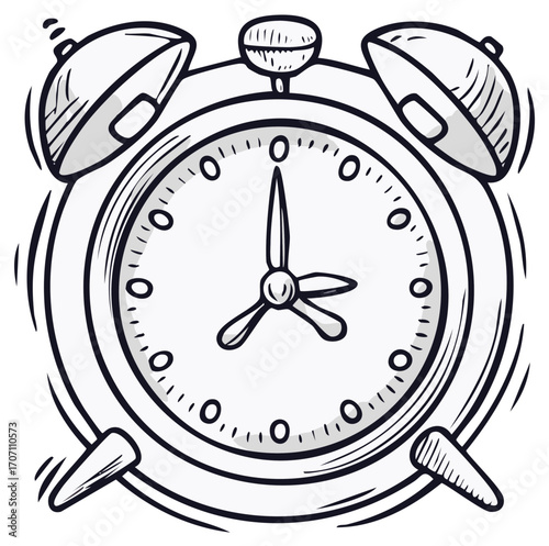Hand drawn alarm clock ringing loudly with its bells shaking