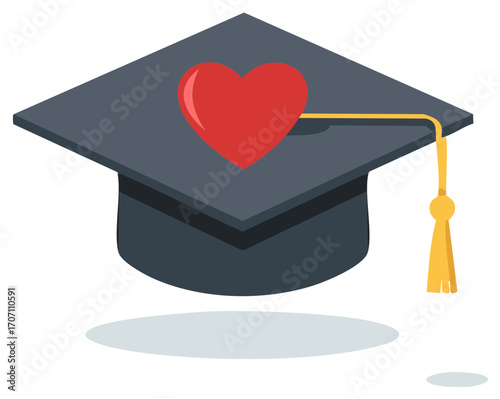 Graduation Cap with Red Heart Symbol on Tassel Symbolizing Love of Learning or Education