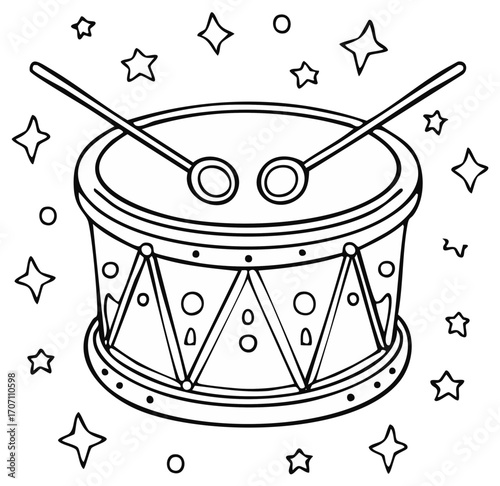 Whimsical Drum and Drumsticks Illustration with Stars for Children's Designs and Coloring Pages