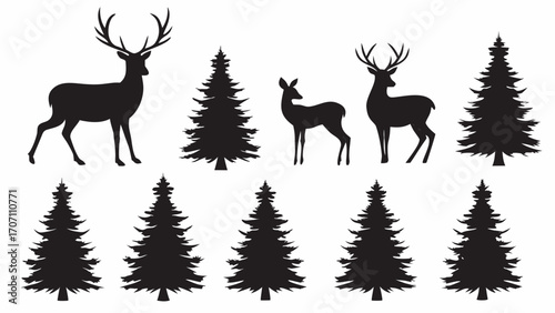 Majestic deer and evergreen trees silhouettes, perfect for nature, winter, and holiday designs