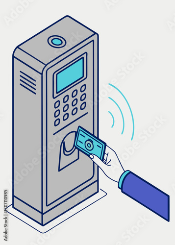 Isometric vector illustration of clocking machine time recorder with employee hand punching card, isolated symbols for workplace attendance system.