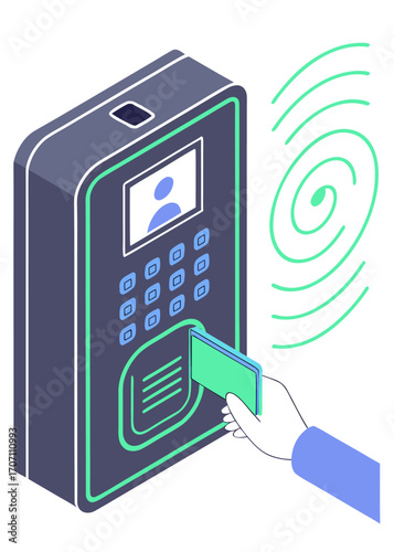 Isometric isolated vector of employee hand inserting card into clocking machine time recorder, punch clock workplace attendance symbol.