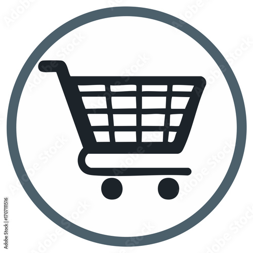 Shopping cart icon in a grey and blue circle, consumerism concept, shopping online, cart icon