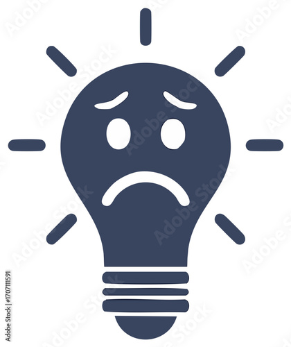 Sad lightbulb icon with unhappy face representing bad ideas, creative block, or failure