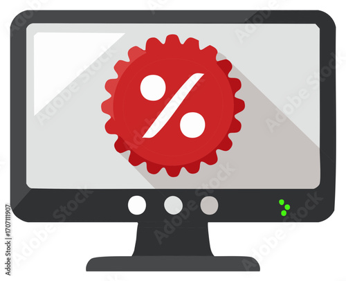 Discount Promotion Illustration on Computer Monitor Display Showing Sales Percentages for Special Offers and Marketing