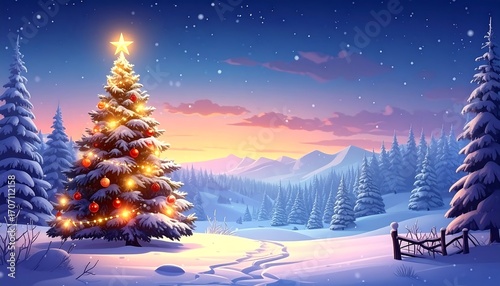 Wallpaper Mural Snowy Christmas landscape with a decorated tree Torontodigital.ca
