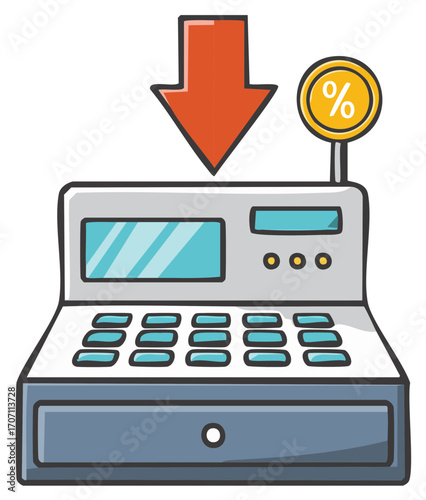 Discounted Price at Cash Register with Arrow and Percent Sign, Purchase Savings Illustration