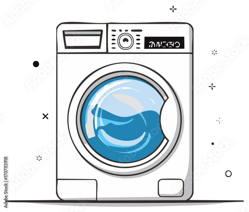 Modern front load washing machine with clear glass door showing water inside for laundry
