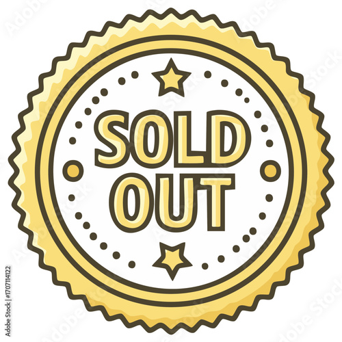 Golden Sold Out Round Badge Icon with Stars and Dots Graphic Element