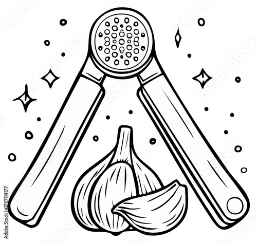 Illustration of a Garlic Press with Bulb and Clove with Star Shapes