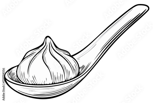 Hand drawn vector illustration of a single Asian dumpling on a traditional soup spoon, line art