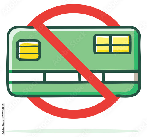 Green Credit Card Denied with Red Prohibition Sign for Banned Financial Transactions, Purchase Rejection or Debt Restriction