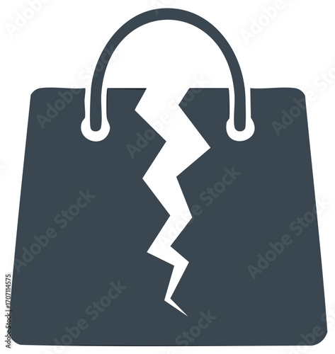 Broken shopping bag icon for failed purchase and cancelled order concept