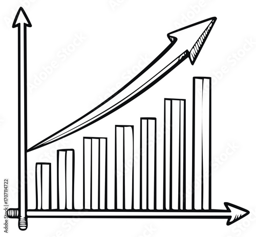 Hand-drawn graph with rising bars and an arrow indicating upward trend and growth