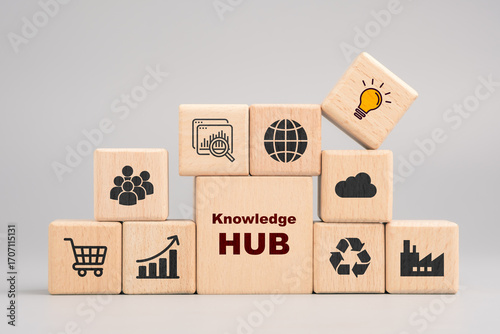 Knowledge hub and resource network concept with icons on wooden blocks