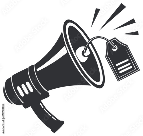 Vector illustration with megaphone and price tag. Sale promotion or loud announcement conceptual background.