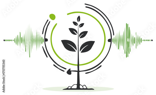 Plant with sound waves, growth analysis, plant monitoring vector illustration concept