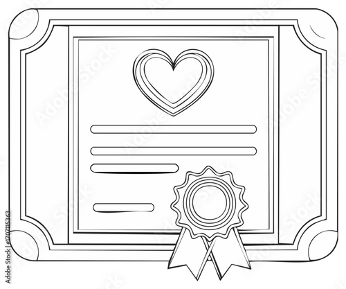 Certificate of love with a heart and award ribbon icon in grayscale