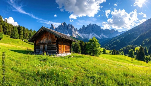 Rustic cabin on lush green slope, majestic jagged mountains and vibrant blue sky punctuated with fluffy clouds in the background