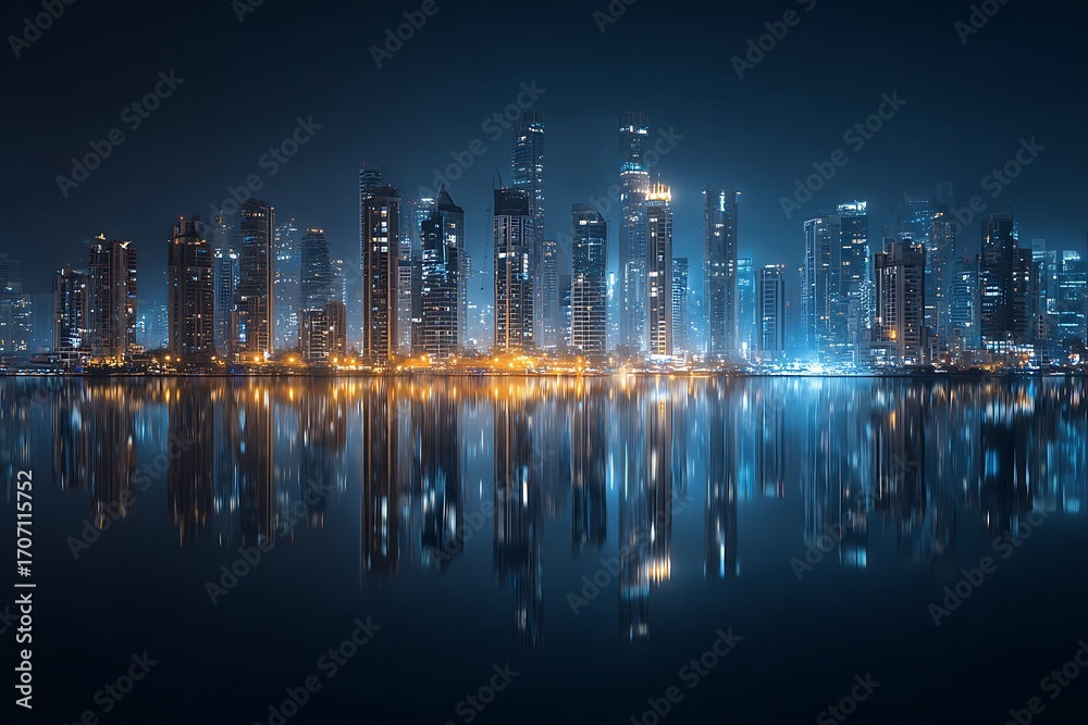 Fototapeta premium Stunning modern cityscape at night with vibrant lights reflecting on calm water creating a dramatic urban panorama