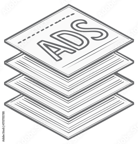 A stack of sheets showing ADS, marketing publications or newspaper advertisements