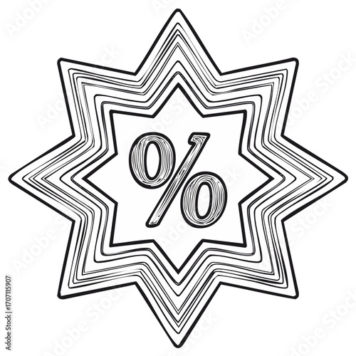 Stylized starburst with a hand drawn percentage symbol for discounts and sales