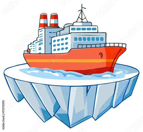 Cartoon ship on Iceberg floating in water comic illustration. Cruise ship. Ice berg.