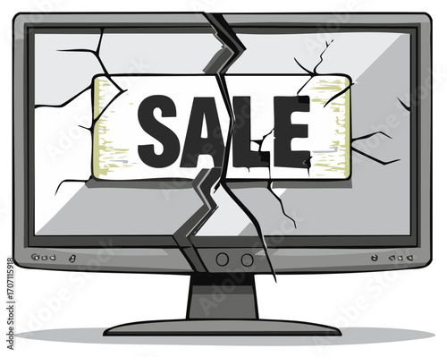 Broken Computer Screen Displaying Sale Sign Offer Promotion Discount Price Reduction