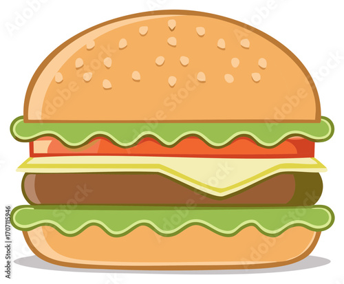 Stylized Cartoon Hamburger with Sesame Seed Bun and Fresh Ingredients
