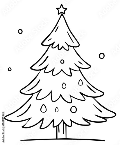 Hand drawn Christmas tree with star and ornaments festive illustration