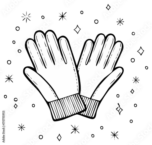 Hand drawn winter gloves with sparkling snowflakes and circles decoration
