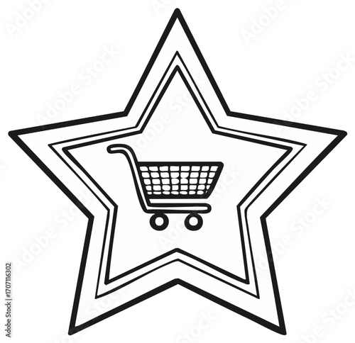 Shopping cart symbol inside a star. Outline black icon