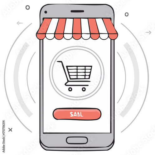 Smartphone with shopping cart for online market, mobile app with sale, internet and digital business, commerce concept