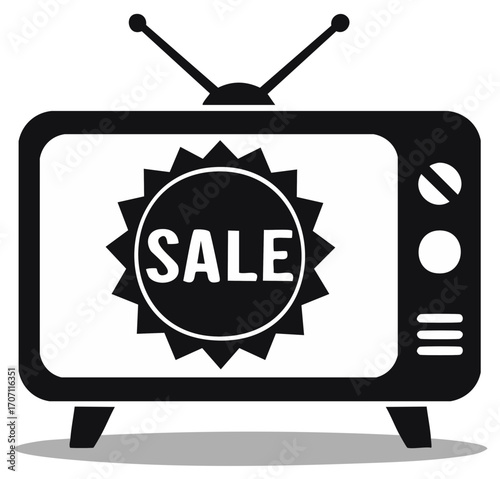 Black and white vector illustration of vintage television set with sale text in center.