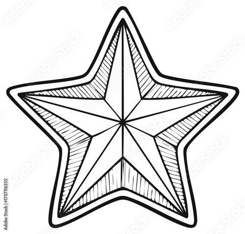 Decorative Nautical Star Graphic Hand Drawn Style with Outline and Hatching Details