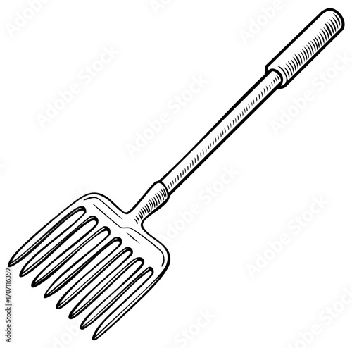 Hand drawn illustration of a gardening pitchfork isolated on white background