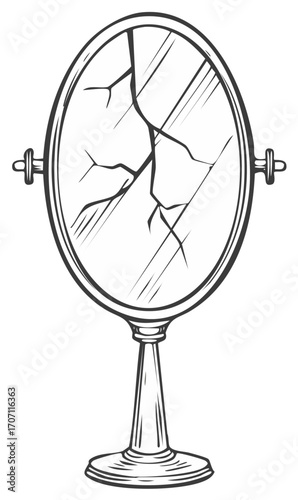 Stylized vintage hand mirror with a cracked reflective surface and ornate base