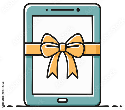 Hand drawn illustration of a digital tablet wrapped with a yellow ribbon bow as a gift