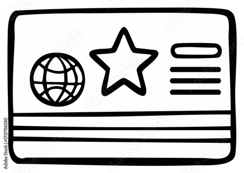 Hand drawn doodle illustration of a loyalty or membership card with globe and star symbols representing travel rewards