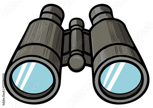 Gray Binoculars Illustration with Blue Reflective Lens for Outdoor Activities