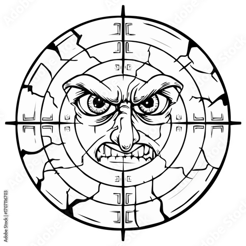 Cracked Stone Face Icon with Angry Expression Line Art Style