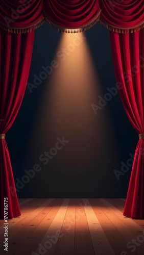 A theater stage with red curtains drawn back and a spotlight illuminating the wooden floor.